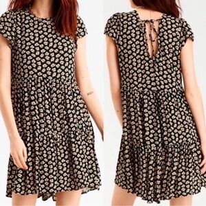 AE Cap Sleeve Tie Back Mini Dress sze S Sunflower Print Yellow/Black